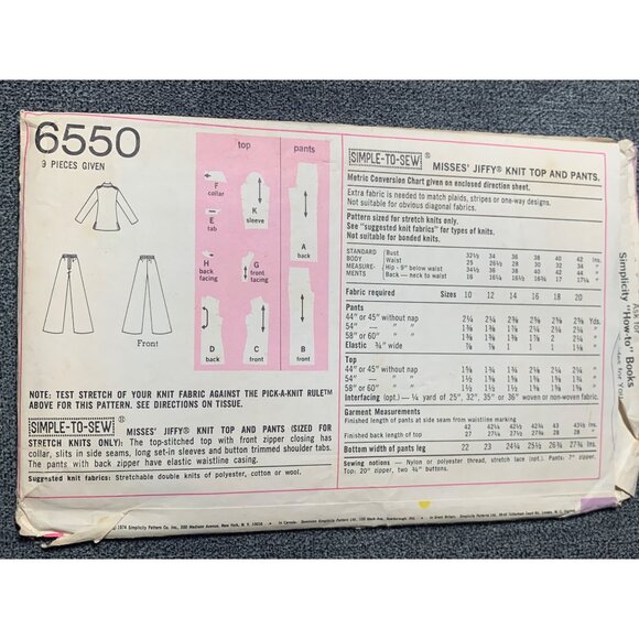 Simplicity Misses Shirt Pants Sewing Pattern sz 14 6550 - uncut - Picture 3 of 4